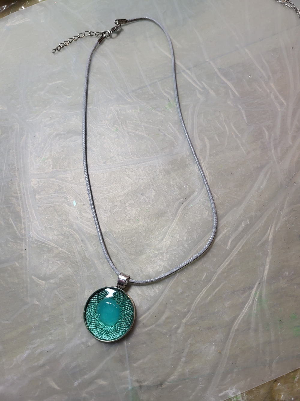 Silver Necklace with Teal Resin Pendant